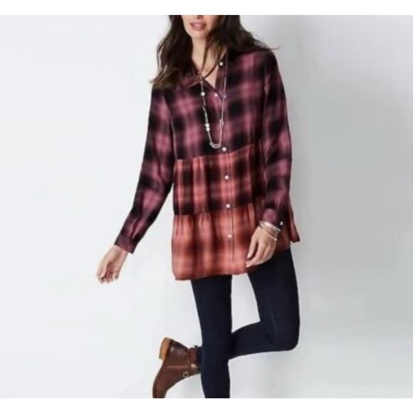 J Jill Cotton Ombre Plaid Shirt Tunic M Long Sleeve Button Front Fall Peplum Top - Picture 10 of 10